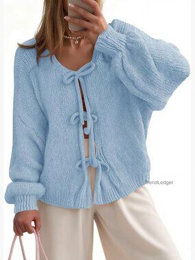 Oversized Bow Tie Front Cardigan Sweater, Loose Knit Top, Fall Casual